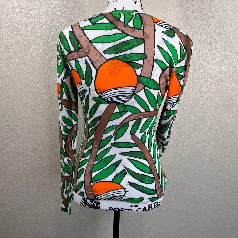 Tory Burch Green/ Blue long sleeve crew neck top size XS bird print